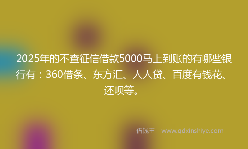 2025年的不查征信借款5000马上到账的有哪些银行有：360借条、东方汇、人人贷、百度有钱花、还呗等。