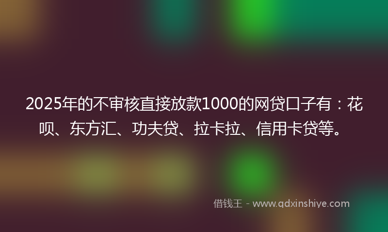 2025年的不审核直接放款1000的网贷口子有：花呗、东方汇、功夫贷、拉卡拉、信用卡贷等。