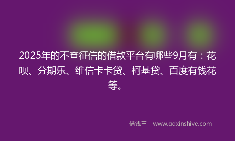 2025年的不查征信的借款平台有哪些9月有：花呗、分期乐、维信卡卡贷、柯基贷、百度有钱花等。