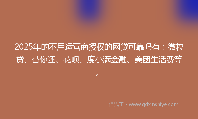 2025年的不用运营商授权的网贷可靠吗有：微粒贷、替你还、花呗、度小满金融、美团生活费等。