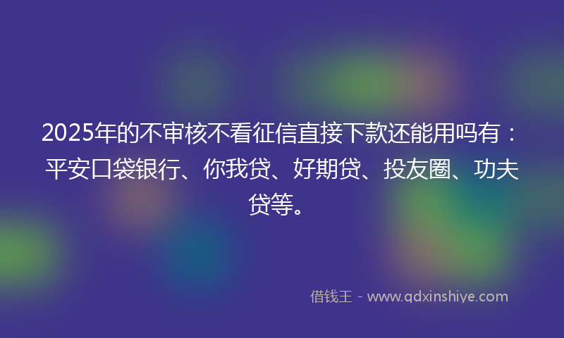 2025年的不审核不看征信直接下款还能用吗有：平安口袋银行、你我贷、好期贷、投友圈、功夫贷等。