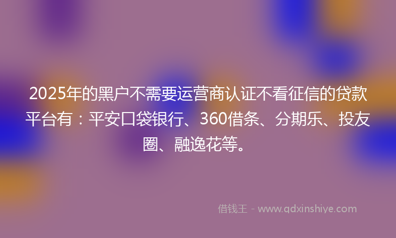 2025年的黑户不需要运营商认证不看征信的贷款平台有：平安口袋银行、360借条、分期乐、投友圈、融逸花等。