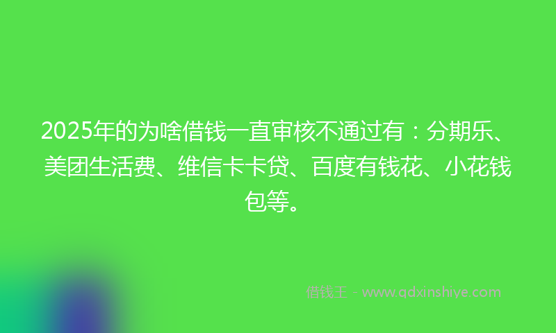 2025年的为啥借钱一直审核不通过有：分期乐、美团生活费、维信卡卡贷、百度有钱花、小花钱包等。
