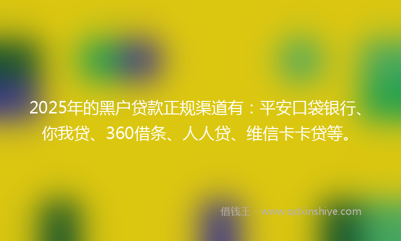 2025年的黑户贷款正规渠道有：平安口袋银行、你我贷、360借条、人人贷、维信卡卡贷等。