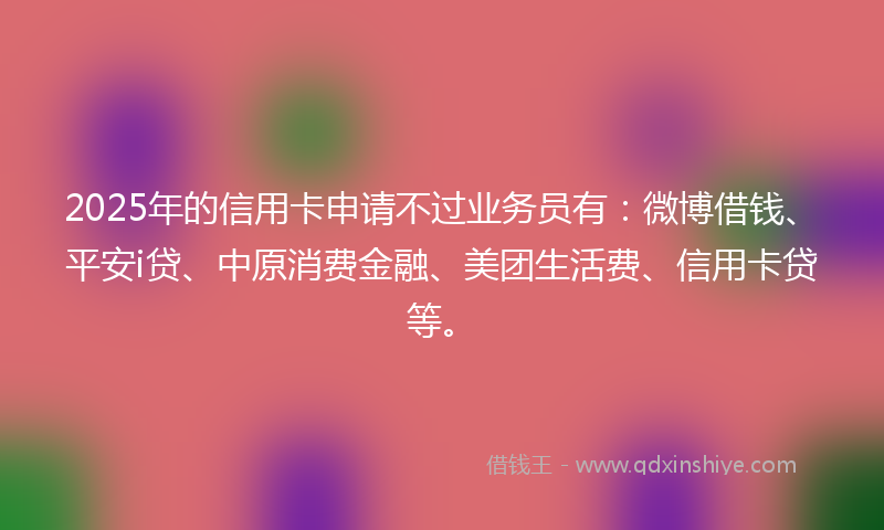 2025年的信用卡申请不过业务员有：微博借钱、平安i贷、中原消费金融、美团生活费、信用卡贷等。