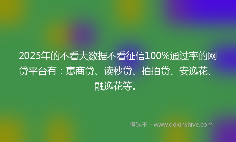 2025年的不看大数据不看征信100%通过率的网贷平台有：惠商贷、读秒贷、拍拍贷、安逸花、融逸花等。
