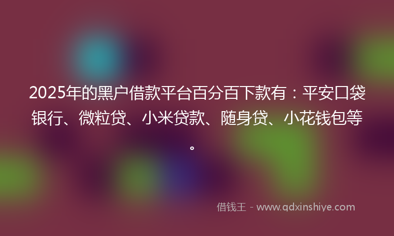 2025年的黑户借款平台百分百下款有：平安口袋银行、微粒贷、小米贷款、随身贷、小花钱包等。