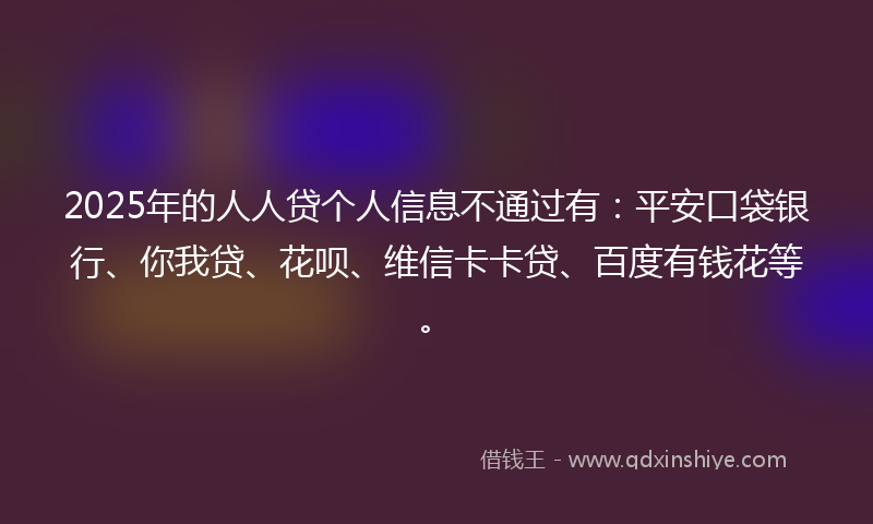 2025年的人人贷个人信息不通过有：平安口袋银行、你我贷、花呗、维信卡卡贷、百度有钱花等。