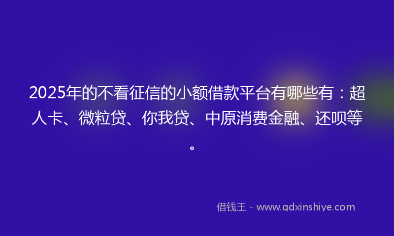 2025年的不看征信的小额借款平台有哪些有：超人卡、微粒贷、你我贷、中原消费金融、还呗等。