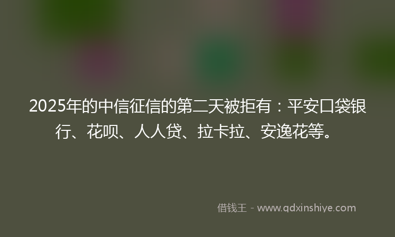 2025年的中信征信的第二天被拒有：平安口袋银行、花呗、人人贷、拉卡拉、安逸花等。