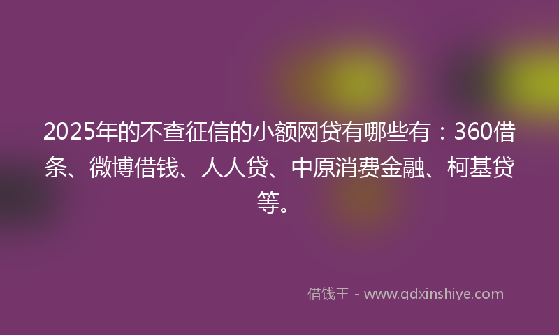 2025年的不查征信的小额网贷有哪些有：360借条、微博借钱、人人贷、中原消费金融、柯基贷等。