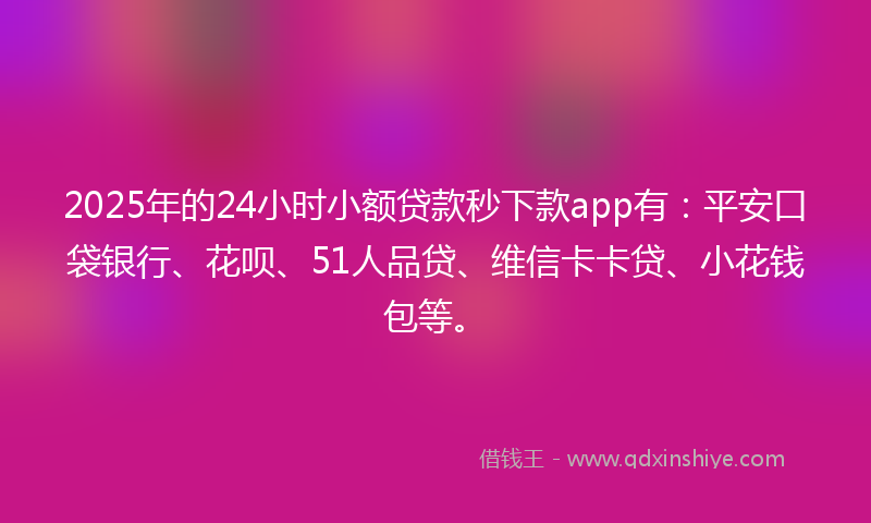 2025年的24小时小额贷款秒下款app有：平安口袋银行、花呗、51人品贷、维信卡卡贷、小花钱包等。