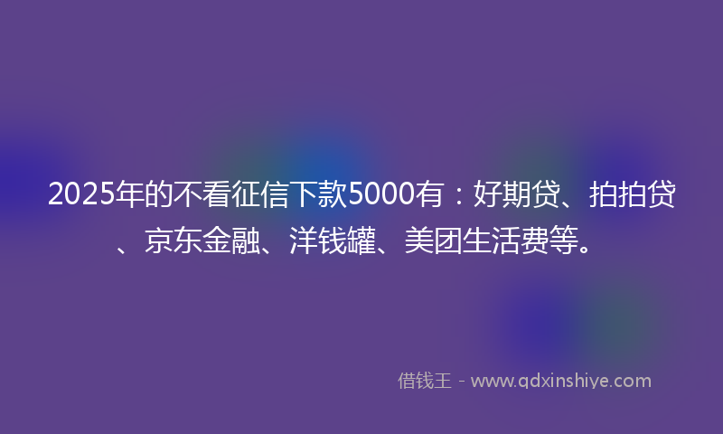 2025年的不看征信下款5000有：好期贷、拍拍贷、京东金融、洋钱罐、美团生活费等。