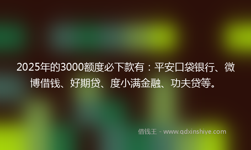 2025年的3000额度必下款有：平安口袋银行、微博借钱、好期贷、度小满金融、功夫贷等。