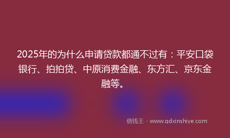 2025年的为什么申请贷款都通不过有：平安口袋银行、拍拍贷、中原消费金融、东方汇、京东金融等。