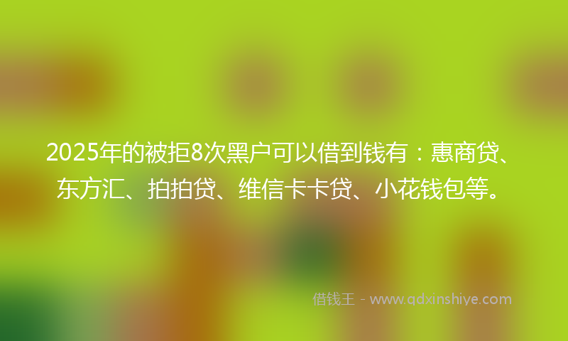 2025年的被拒8次黑户可以借到钱有：惠商贷、东方汇、拍拍贷、维信卡卡贷、小花钱包等。
