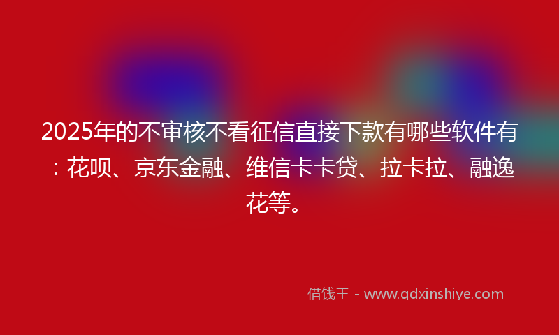 2025年的不审核不看征信直接下款有哪些软件有：花呗、京东金融、维信卡卡贷、拉卡拉、融逸花等。