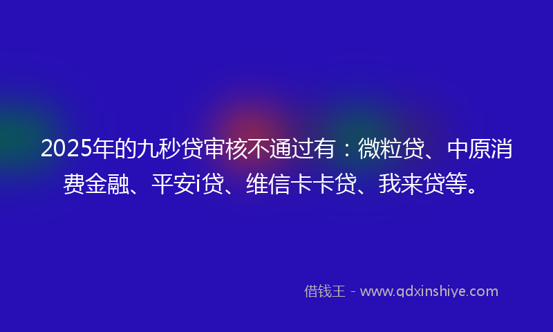 2025年的九秒贷审核不通过有：微粒贷、中原消费金融、平安i贷、维信卡卡贷、我来贷等。