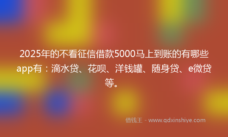 2025年的不看征信借款5000马上到账的有哪些app有：滴水贷、花呗、洋钱罐、随身贷、e微贷等。