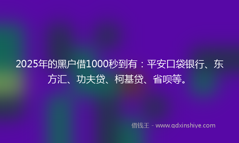 2025年的黑户借1000秒到有：平安口袋银行、东方汇、功夫贷、柯基贷、省呗等。