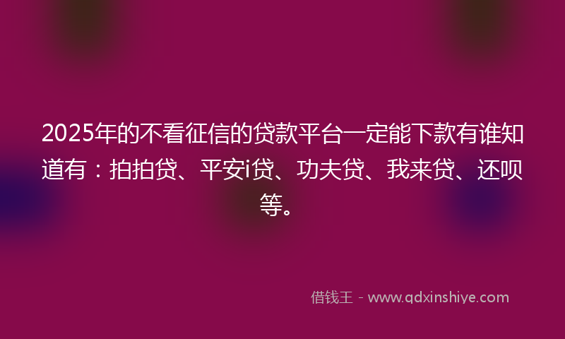 2025年的不看征信的贷款平台一定能下款有谁知道有：拍拍贷、平安i贷、功夫贷、我来贷、还呗等。