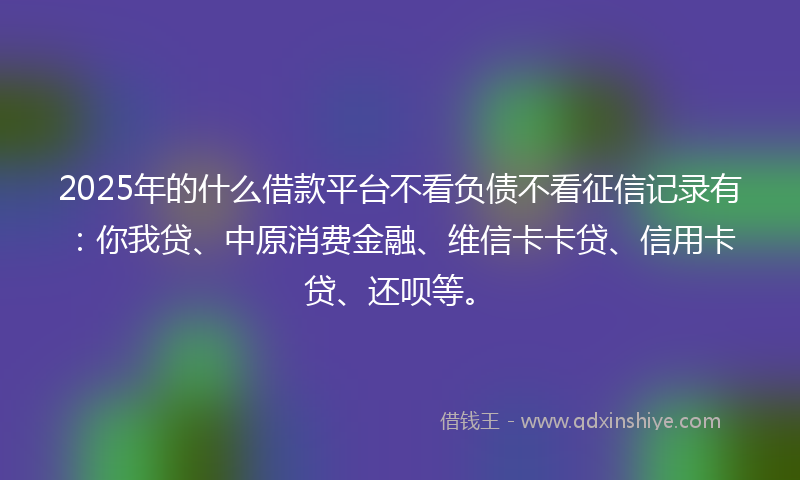 2025年的什么借款平台不看负债不看征信记录有：你我贷、中原消费金融、维信卡卡贷、信用卡贷、还呗等。