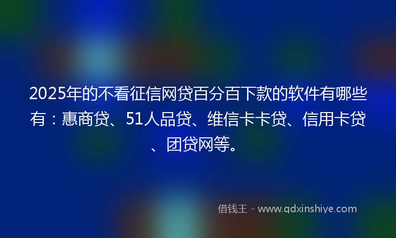 2025年的不看征信网贷百分百下款的软件有哪些有：惠商贷、51人品贷、维信卡卡贷、信用卡贷、团贷网等。