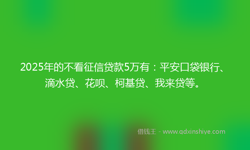 2025年的不看征信贷款5万有：平安口袋银行、滴水贷、花呗、柯基贷、我来贷等。