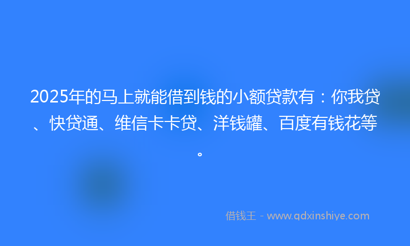 2025年的马上就能借到钱的小额贷款有：你我贷、快贷通、维信卡卡贷、洋钱罐、百度有钱花等。
