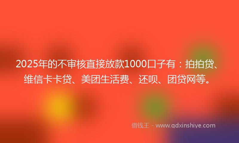 2025年的不审核直接放款1000口子有：拍拍贷、维信卡卡贷、美团生活费、还呗、团贷网等。