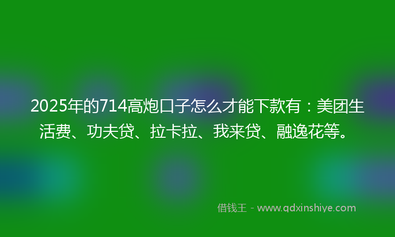 2025年的714高炮口子怎么才能下款有：美团生活费、功夫贷、拉卡拉、我来贷、融逸花等。