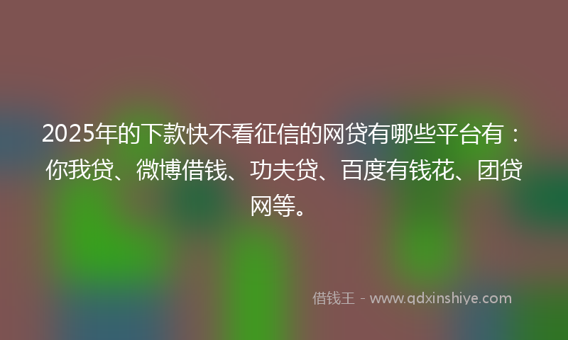 2025年的下款快不看征信的网贷有哪些平台有：你我贷、微博借钱、功夫贷、百度有钱花、团贷网等。
