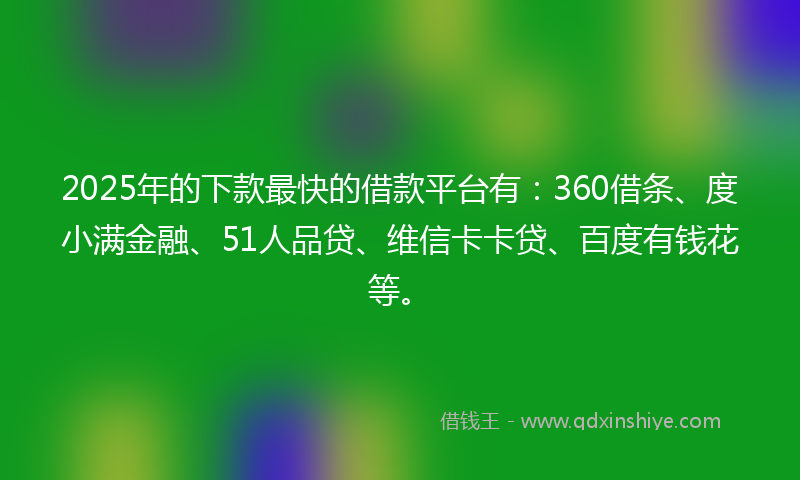 2025年的下款最快的借款平台有：360借条、度小满金融、51人品贷、维信卡卡贷、百度有钱花等。