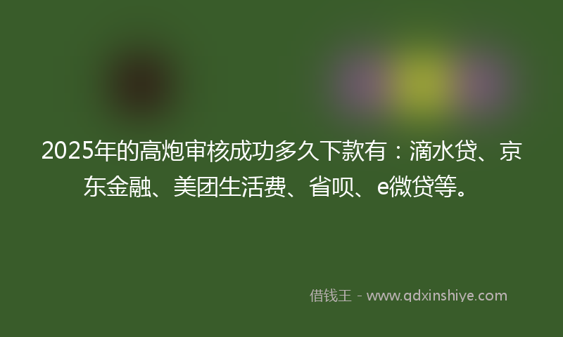 2025年的高炮审核成功多久下款有：滴水贷、京东金融、美团生活费、省呗、e微贷等。