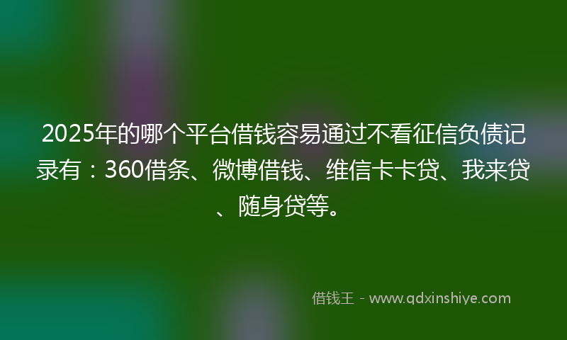 2025年的哪个平台借钱容易通过不看征信负债记录有：360借条、微博借钱、维信卡卡贷、我来贷、随身贷等。
