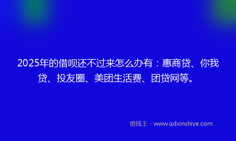 2025年的借呗还不过来怎么办有：惠商贷、你我贷、投友圈、美团生活费、团贷网等。