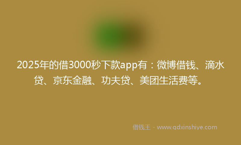 2025年的借3000秒下款app有：微博借钱、滴水贷、京东金融、功夫贷、美团生活费等。