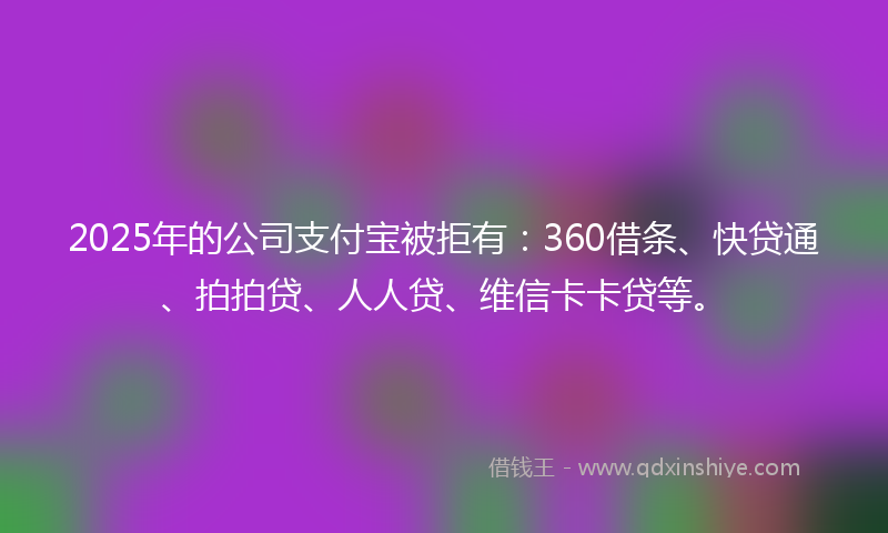 2025年的公司支付宝被拒有：360借条、快贷通、拍拍贷、人人贷、维信卡卡贷等。