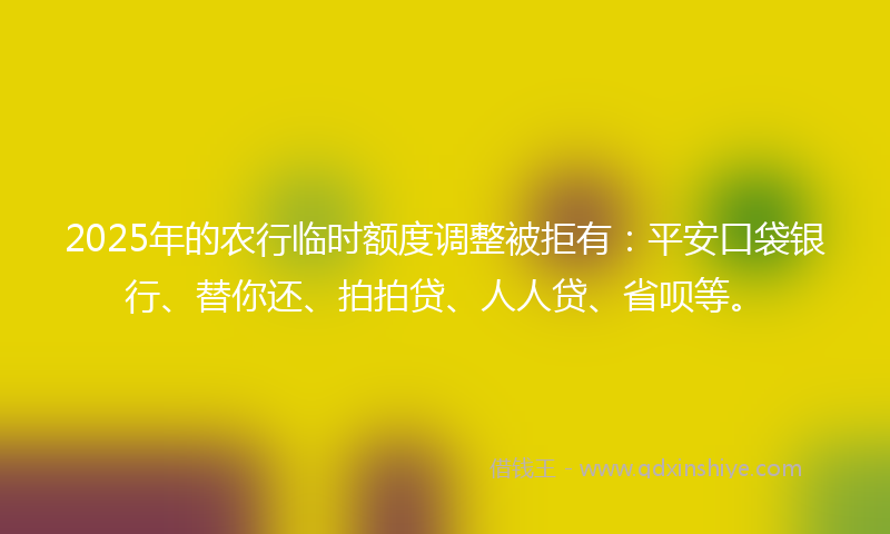 2025年的农行临时额度调整被拒有：平安口袋银行、替你还、拍拍贷、人人贷、省呗等。