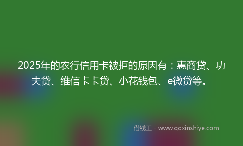 2025年的农行信用卡被拒的原因有：惠商贷、功夫贷、维信卡卡贷、小花钱包、e微贷等。