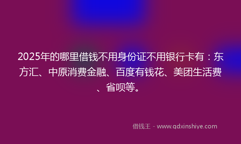 2025年的哪里借钱不用身份证不用银行卡有：东方汇、中原消费金融、百度有钱花、美团生活费、省呗等。