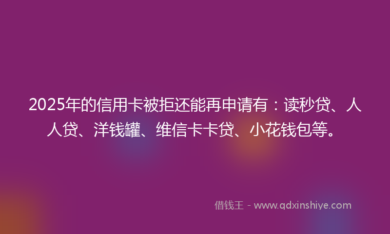 2025年的信用卡被拒还能再申请有：读秒贷、人人贷、洋钱罐、维信卡卡贷、小花钱包等。