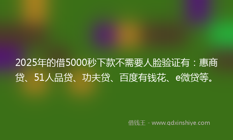 2025年的借5000秒下款不需要人脸验证有：惠商贷、51人品贷、功夫贷、百度有钱花、e微贷等。