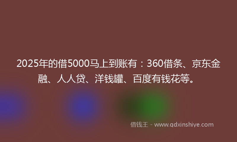 2025年的借5000马上到账有：360借条、京东金融、人人贷、洋钱罐、百度有钱花等。