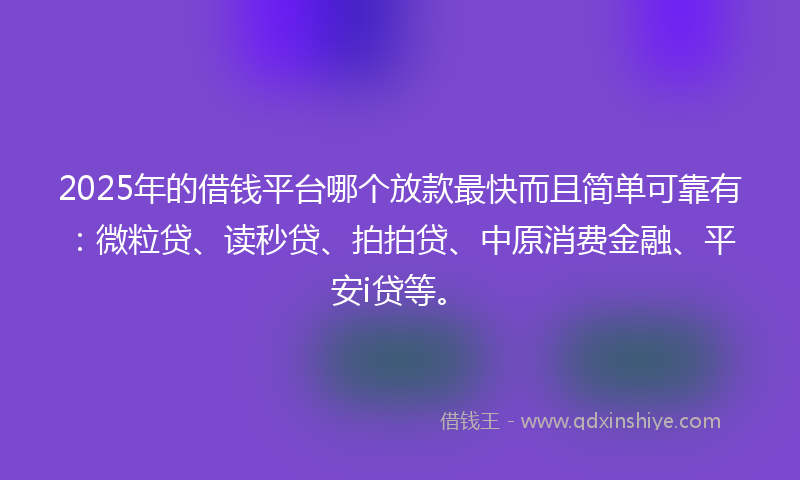 2025年的借钱平台哪个放款最快而且简单可靠有：微粒贷、读秒贷、拍拍贷、中原消费金融、平安i贷等。