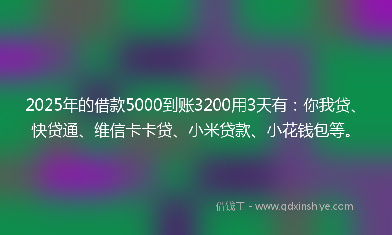 2025年的借款5000到账3200用3天有：你我贷、快贷通、维信卡卡贷、小米贷款、小花钱包等。