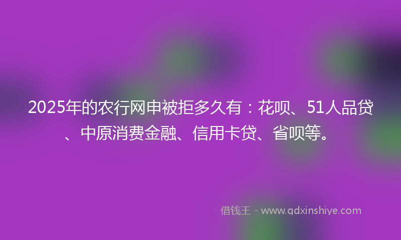 2025年的农行网申被拒多久有：花呗、51人品贷、中原消费金融、信用卡贷、省呗等。