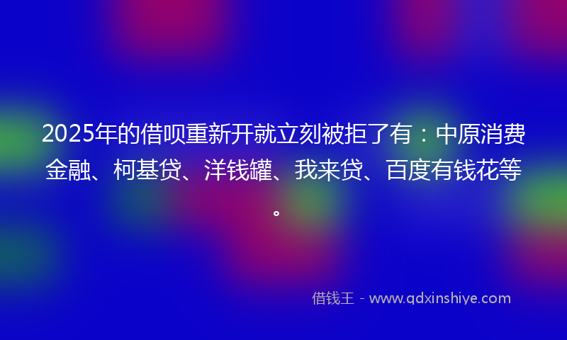 2025年的借呗重新开就立刻被拒了有：中原消费金融、柯基贷、洋钱罐、我来贷、百度有钱花等。