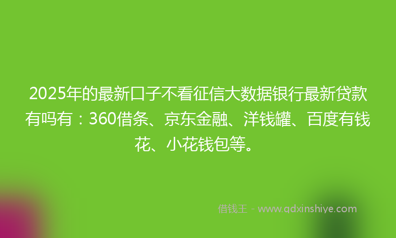 2025年的最新口子不看征信大数据银行最新贷款有吗有：360借条、京东金融、洋钱罐、百度有钱花、小花钱包等。