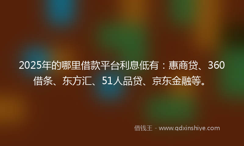 2025年的哪里借款平台利息低有：惠商贷、360借条、东方汇、51人品贷、京东金融等。
